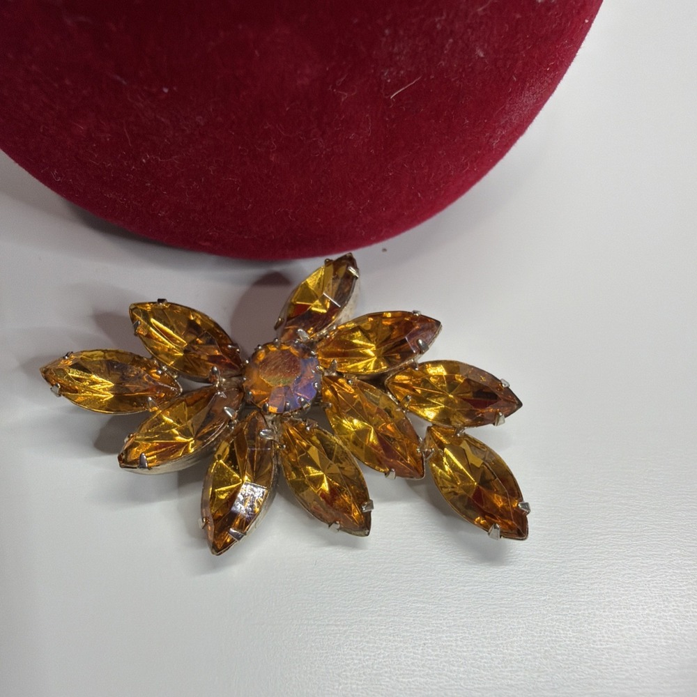Orange Amber Jeweled Brooch Gold Pin Large Vtg Costume Jewelry 80s 90s